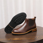 Round Plain Toe Leather Lug Chelsea Boots for Men