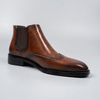 Brown leather Chelsea dress boot with elastic side gore and glossy finish