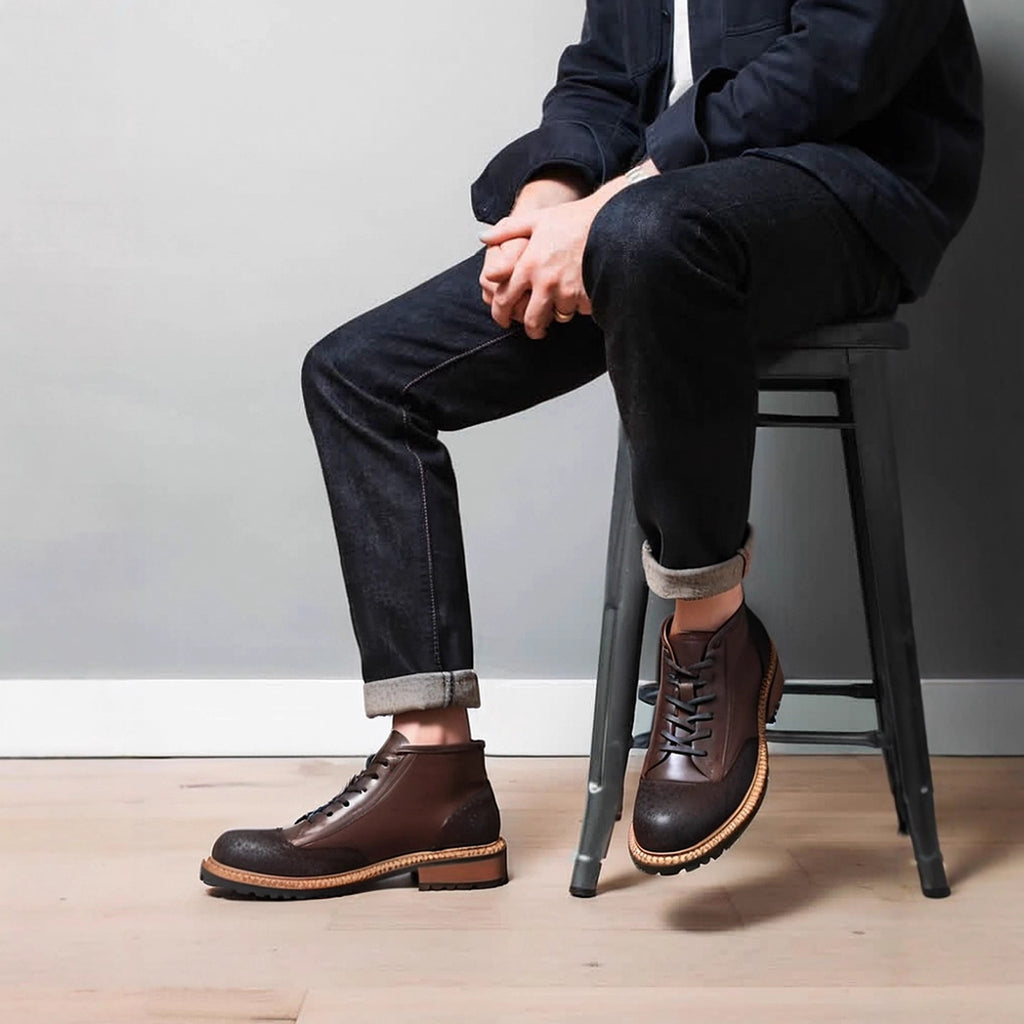 Men's Leather Textured Cap Toe Lug Sole Lace-Up Boots