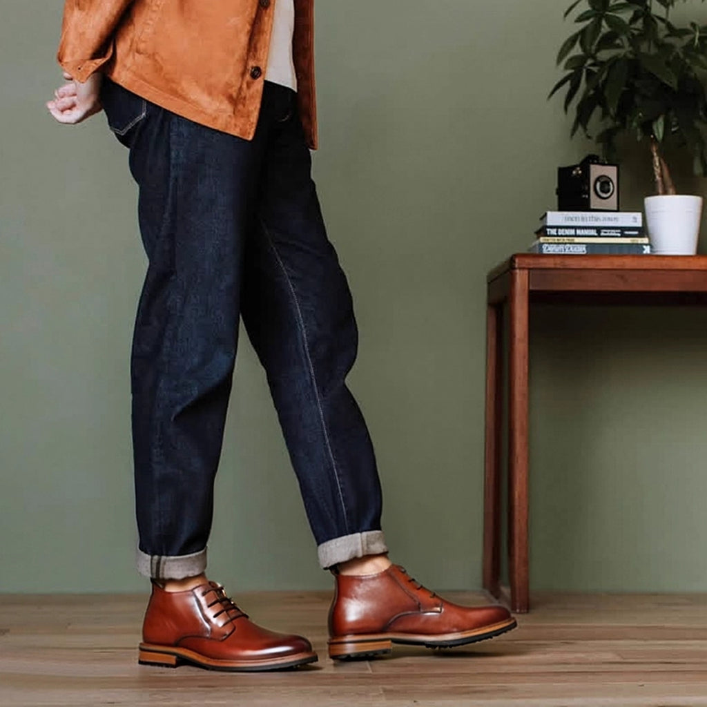 Men's brown leather lace-up chukka boots, plain toe