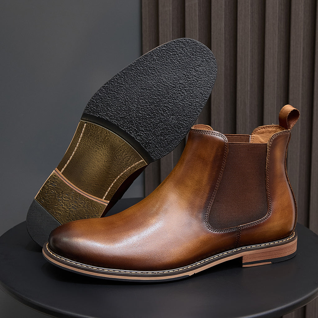 Men's suede chelsea dress boots, brown, pointed toe with elastic side panels