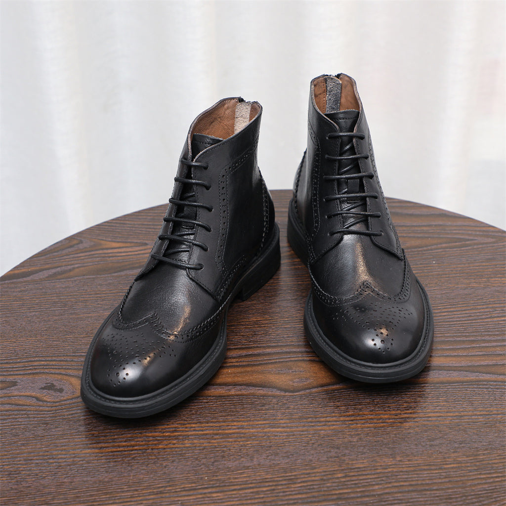 Burnished Wingtip Brogue Leather Back-Zip Boots for Men