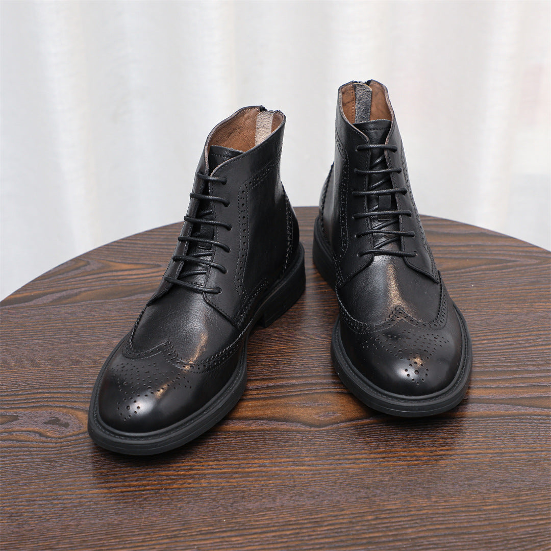 Burnished Wingtip Brogue Leather Back-Zip Boots for Men