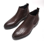 Men's dark brown woven leather slip-on Chelsea dress boots with elastic side panels