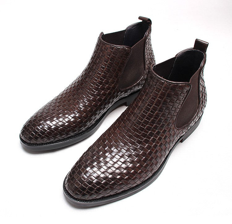 Men's dark brown woven leather slip-on Chelsea dress boots with elastic side panels