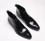 Men's leather formal boots, side-zip, thick sole, black color