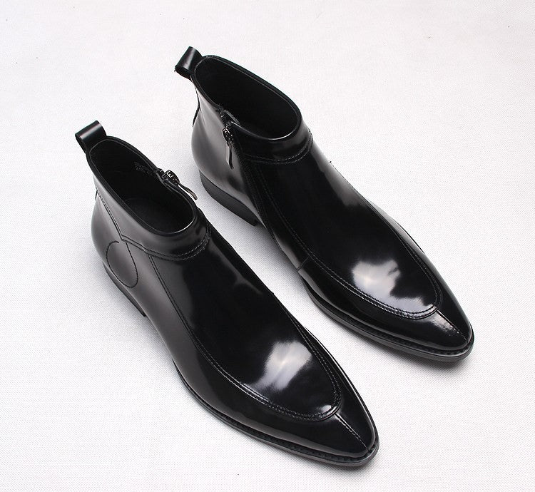 Men's leather formal boots, side-zip, thick sole, black color