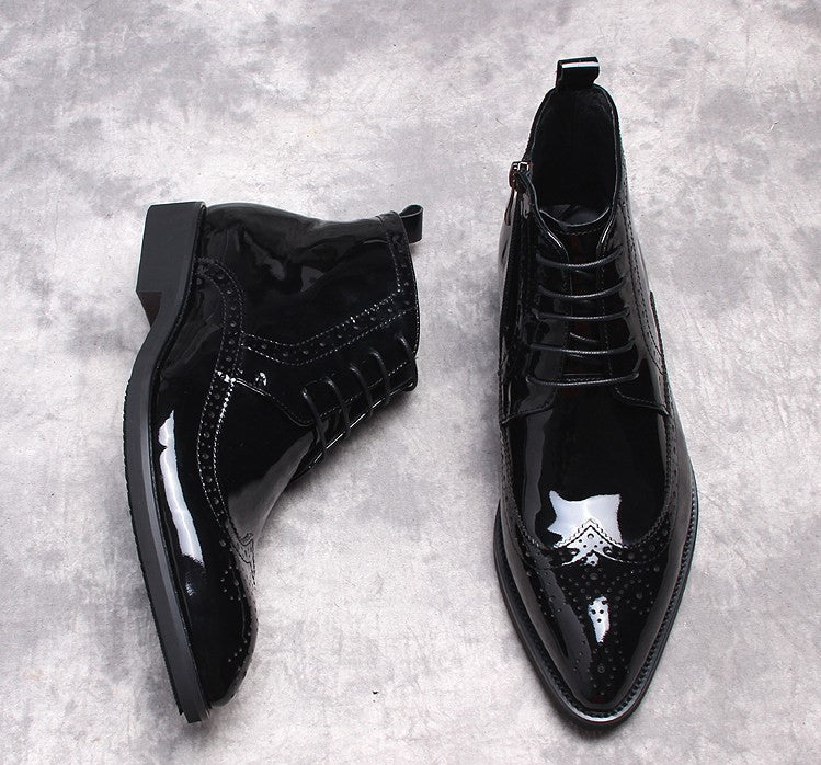 Men's black formal dress boots with side zipper, glossy leather and thick heel