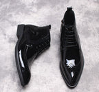 Men's black formal dress boots with side zipper, glossy leather and thick heel