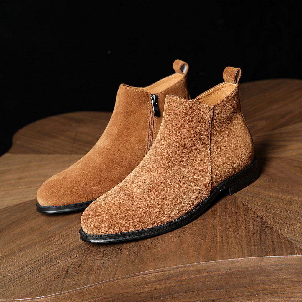 Men's pointed-toe leather side-zip dress boots, brown suede with black sole