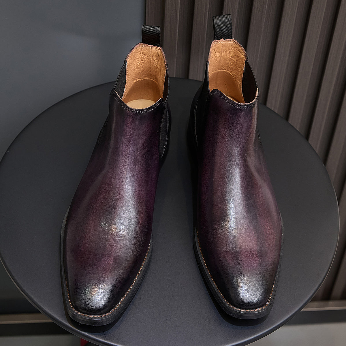 Burnished Leather Plain Toe Chelsea Boots for Men