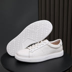 Men's genuine leather sneakers, white low-top with treaded rubber outsole