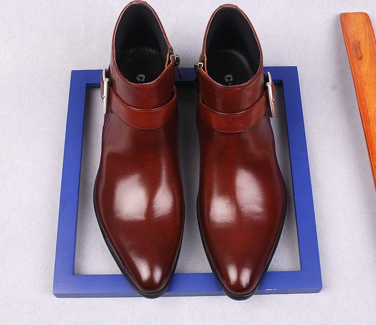 Men's burgundy leather dress boots pair on blue box, side zipper and thick sole.