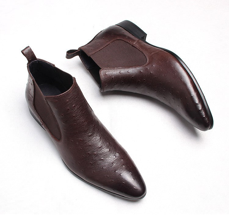Dark brown leather Chelsea boots with elastic side panels and short block heel