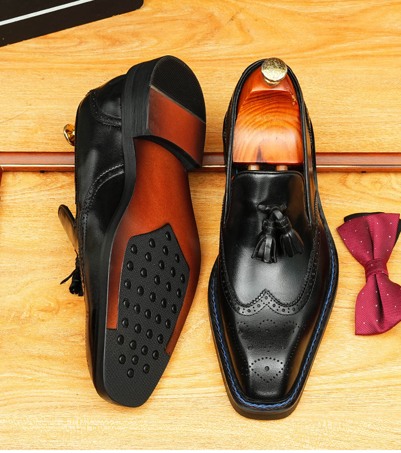 Men's Perforated Brogue Tassel Square Toe Leather Loafers