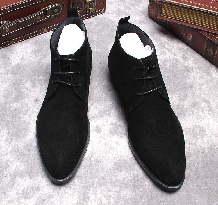Black suede lace-up dress boots, two-quarter view with open collar and laces