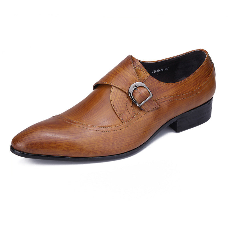 Elegant brown hand-painted leather monk strap shoes with a unique artisan patina finish.