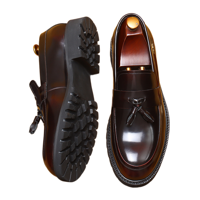 Men's Glossy Round Toe Chunky Sole Tassel Loafers