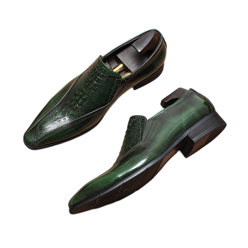 Men's Green Croc Embossed Pointed Toe Loafers
