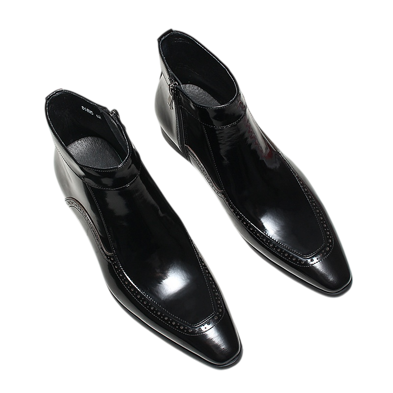 Men's Carved Pointed Toe Leather Side-Zip Dress Boots