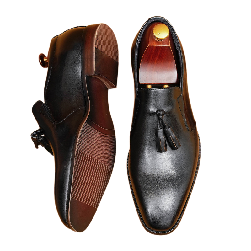 Men's Burnished Pointed Toe Tassel Leather Loafers