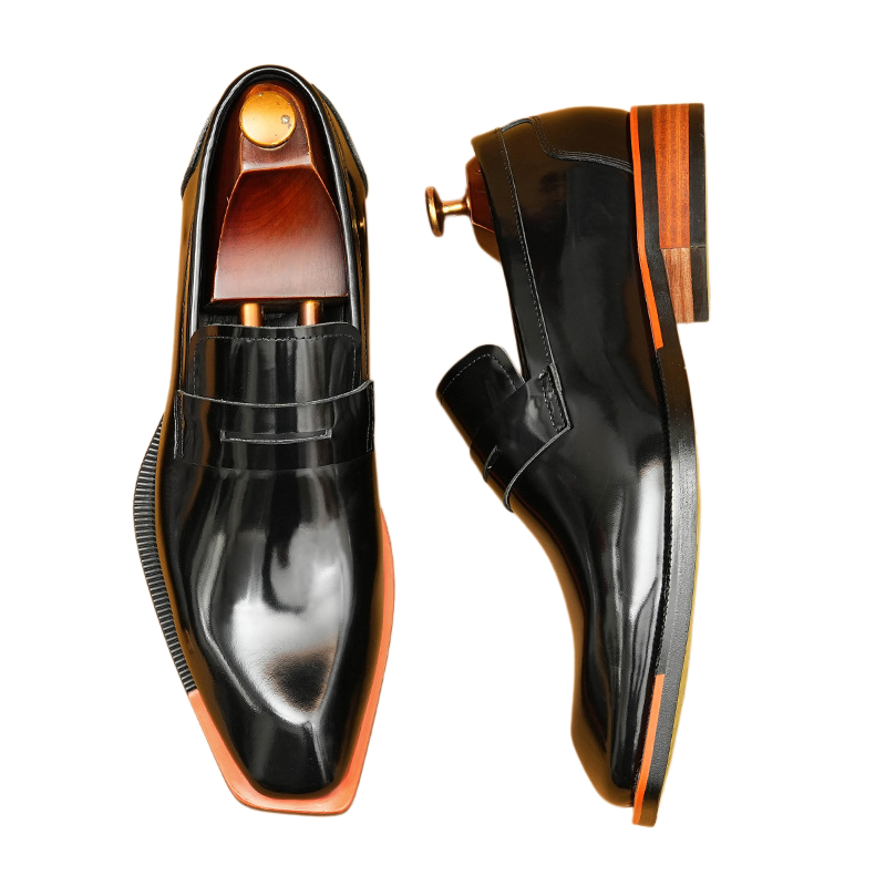 Men's Glossy Faceted Square Toe Leather Loafers