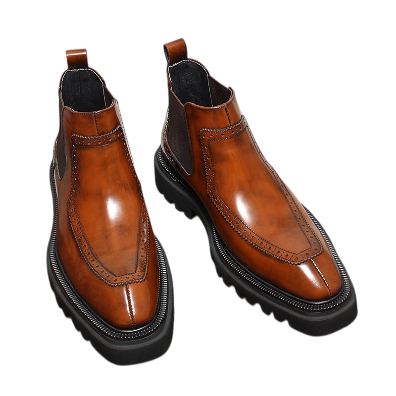 Men's Platform Carved Leather Slip-On Chelsea Boots