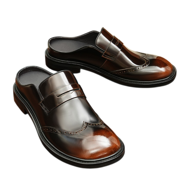 Men's Burnished Carved Round Toe Mule Loafers