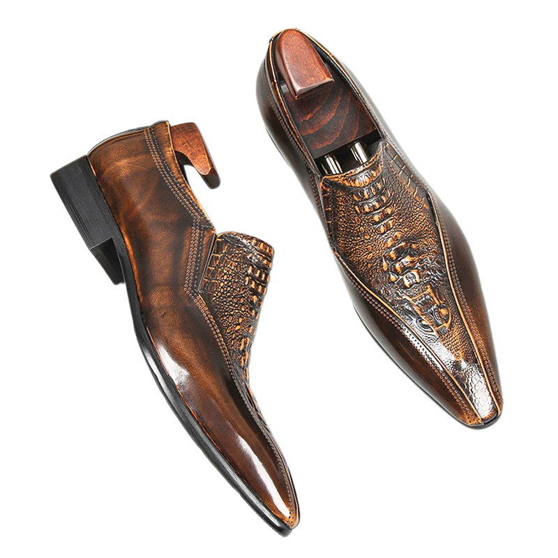 Men's Green Croc Embossed Pointed Toe Loafers