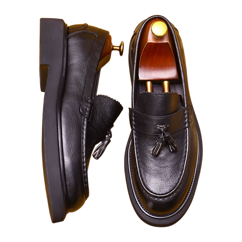 Men's Round Toe Tassel Platform Leather Dress Loafers