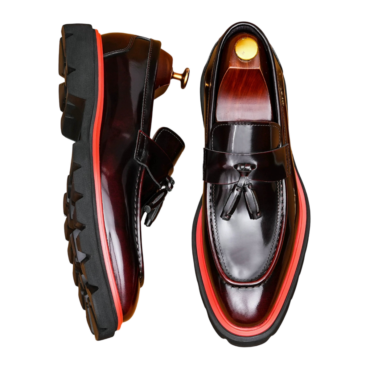 Men's Glossy Contrast Trim Tassel Leather Loafers