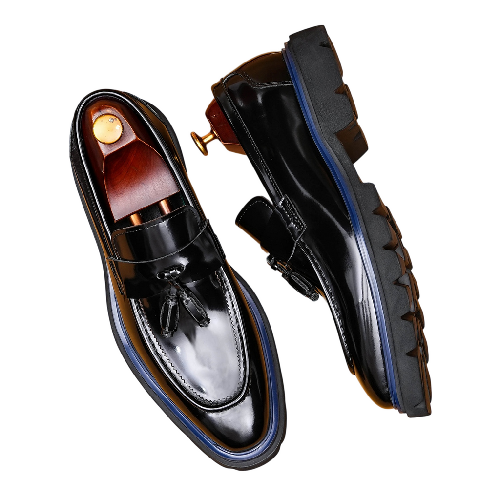 Men's Glossy Contrast Trim Tassel Leather Loafers