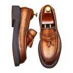 Men's Round Toe Tassel Platform Leather Dress Loafers
