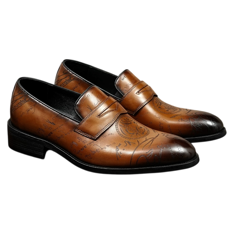 Men's elegant brown leather loafers showcasing a sophisticated design with a hardware emblem, perfect slip-on dress shoes for business attire.

