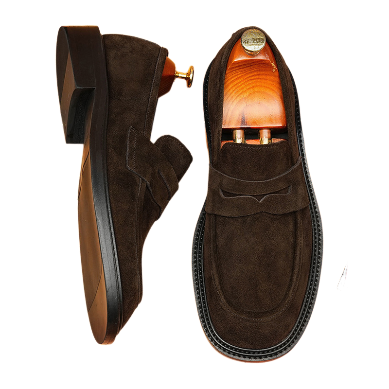 Men's sophisticated dark brown leather loafers, elegant slip-on dress shoes crafted for business, corporate, and smart casual attire.
