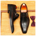 Men's Black Dark Brown Pointed Toe Single Monk Leather Shoes
