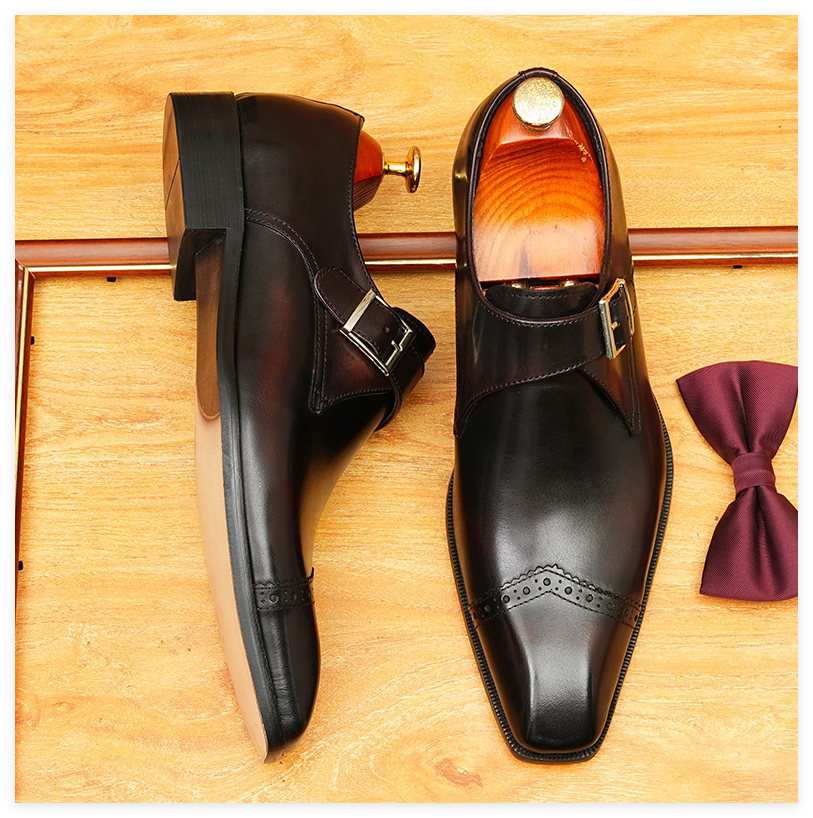 Men's Black Dark Brown Pointed Toe Single Monk Leather Shoes