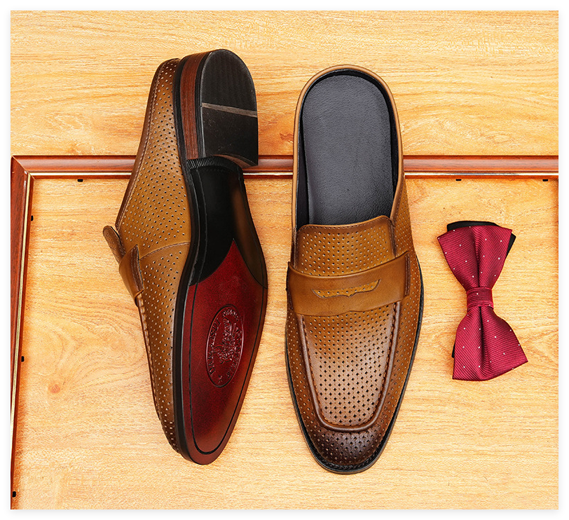 Men's Perforated Pointed Toe Leather Mule Loafers