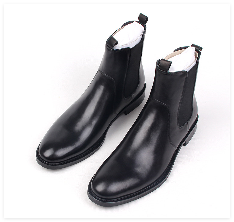 Black leather Chelsea dress boots, slip-on with elastic side panels and low heel