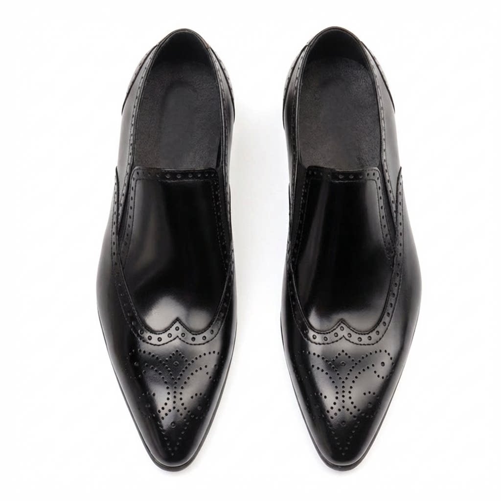 Bomeishoes Men's Black Brogue Formal Loafers, Pointed Toe Genuine Leather Dress Shoes for Business and Weddings.