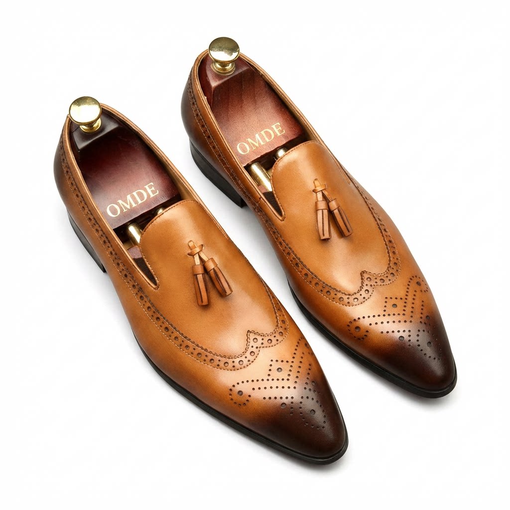 Bomeishoes Men's Brown Tassel Formal Loafers, Elegant Pointed Toe Brogue Slip-On Shoes.