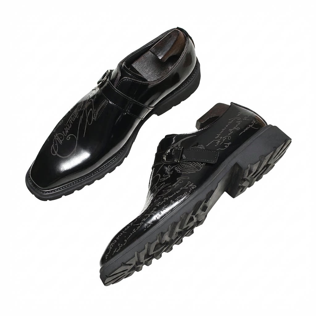 Bomeishoes men's black buckle shoes with a platform sole, a fashionable choice for men seeking formal business or wedding footwear.