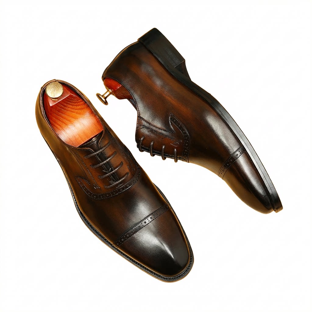 Bomeishoes men's dark brown cap toe oxfords, blending fashion and formal style for men at weddings and business environments.