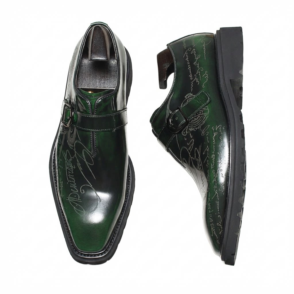 Bomeishoes men's green fashion buckle shoes with a platform sole, a unique formal choice for weddings and business gala events.