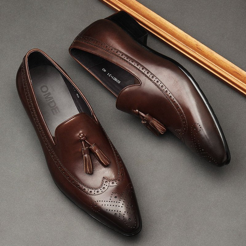 Sophisticated Burgundy Brogue Tassel Genuine Leather Loafers for Men - Wedding Attire
