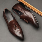 Sophisticated Burgundy Brogue Tassel Genuine Leather Loafers for Men - Wedding Attire