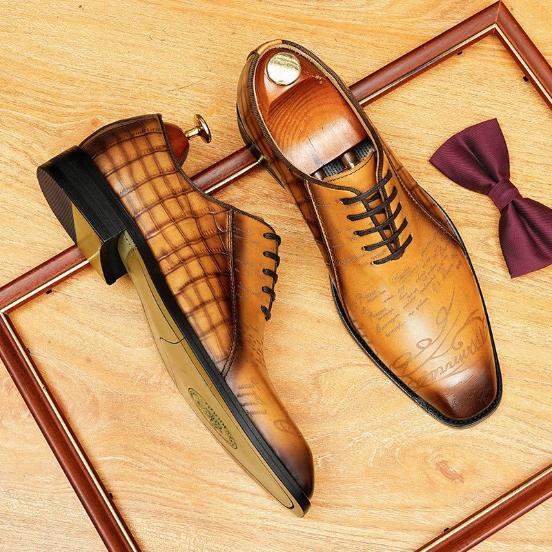 Crocodile Embossed Scritto Leather Oxford Dress Shoes Unique Men's Shoesyes