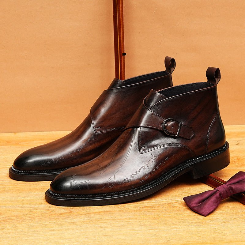 Sophisticated Dark Brown Real Leather Monk Strap Dress Boots for Business