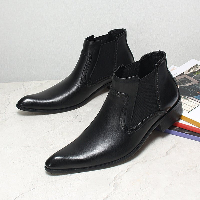 Men's Midnight Black Pointed Toe Genuine Leather Ankle Dress Boots