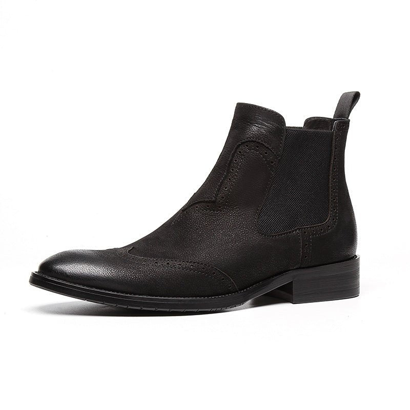Black Men's Genuine Leather Chelsea Dress Boots with Formal Brogue Detailing